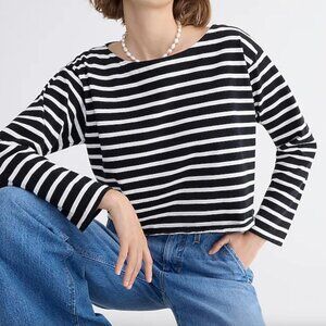 NWT-J. Crew Cropped Boatneck Shirt Size -Medium Black White Mariner Cotton